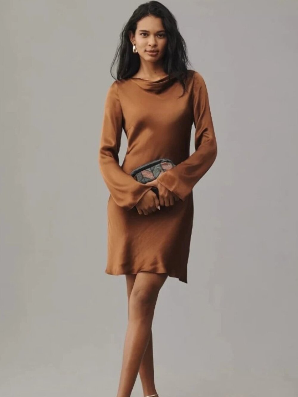 ANTHROPOLOGIE Long-Sleeve Cowl-Neck Satin Mini Dress Size M NEW WITH TAG